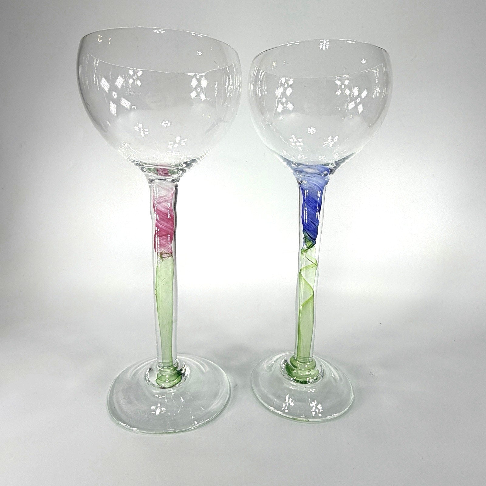 Set 2 Chris Baker Salmon Art Glass Wine Glass Pink Blue Swirl Signed 8.5"