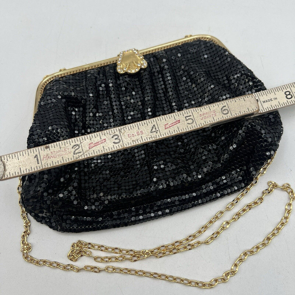 Whiting Davis Black Mesh Purse Gold Rhinestone Clasp Vintage Evening Cocktail 7"