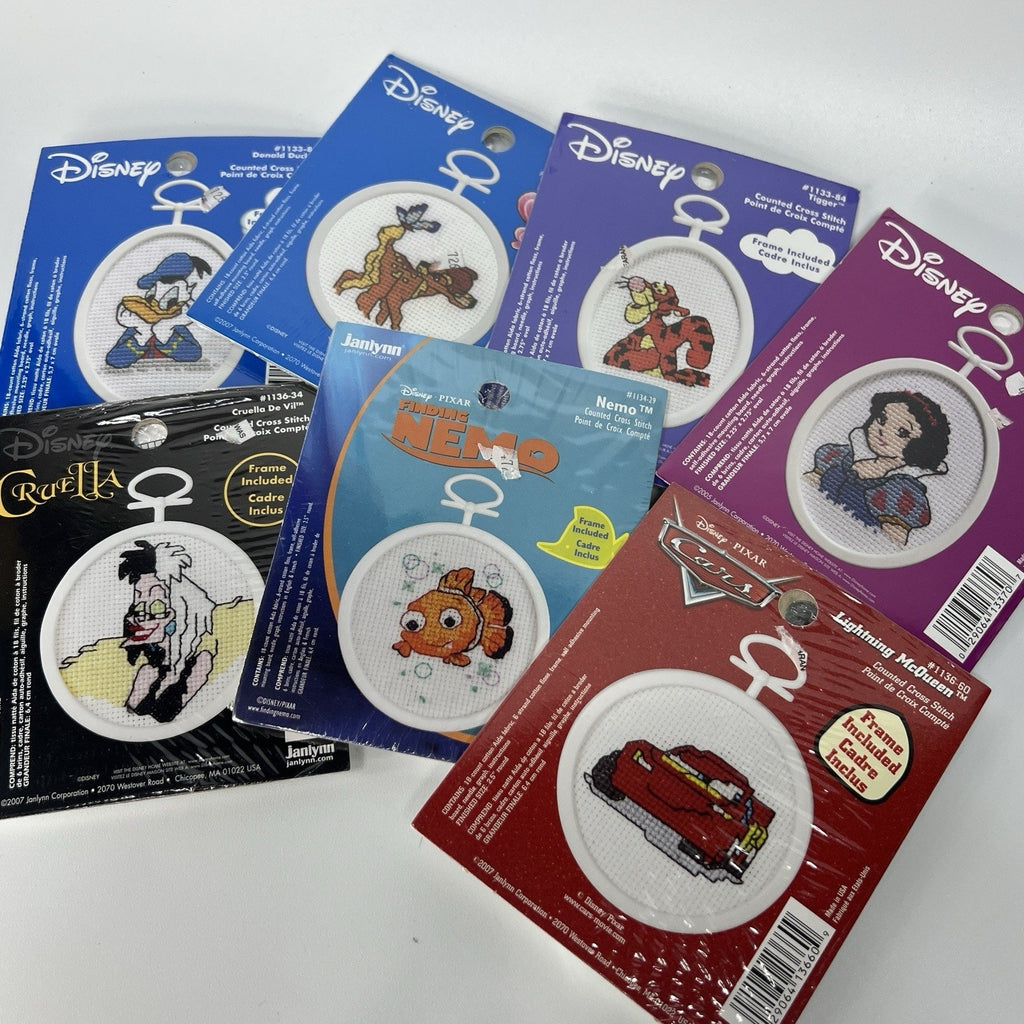 Lot 7 Janlyn Disney Mini Cross Stitch Ornament Kits Frames Nemo McQueen Cruella