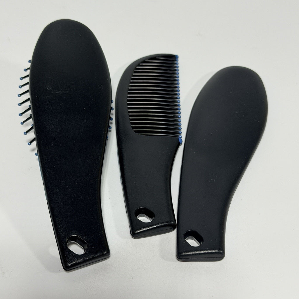 3 Pc Vtg CONAIR Quality Hair Brush Comb Travel Set Black Blue Stripe