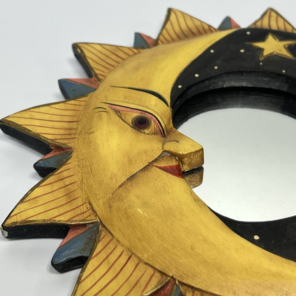 Vintage 90s Celestial Sun Moon Stars Mirror Painted Whimsygoth Black Yellow 8"