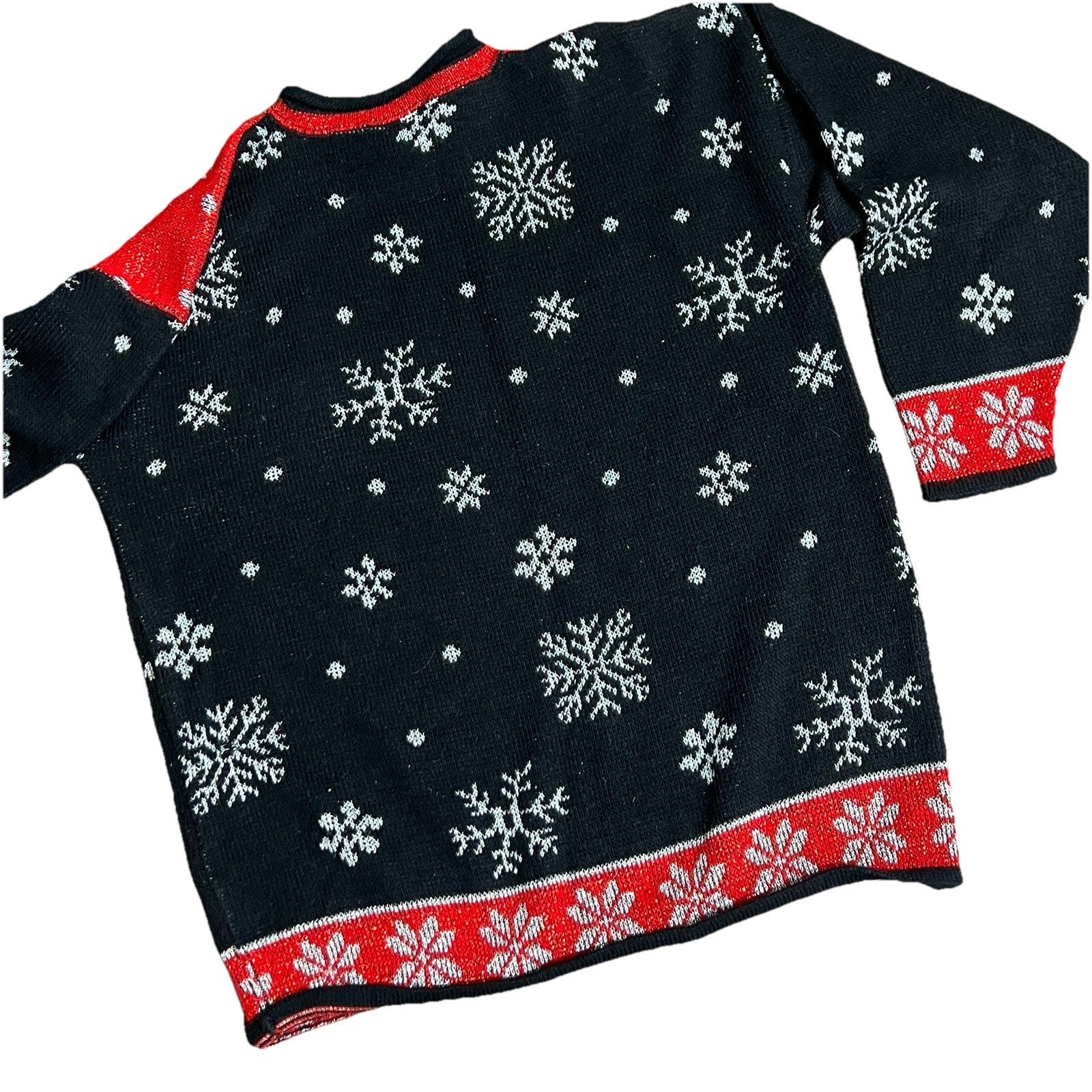 Vtg Large Metallic Ice Skaters Ugly Christmas Sweater 1980s Red Black Silver