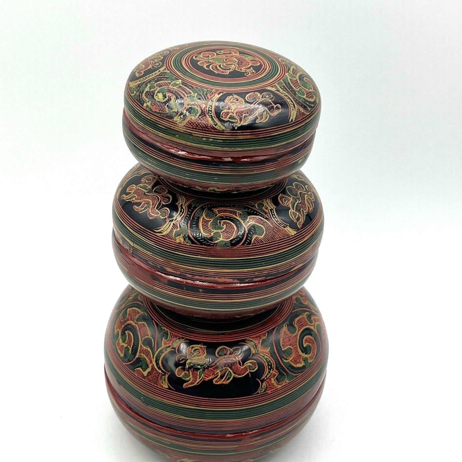 3 Vtg Round Burmese Laquer Nesting Boxes Black Red Green Firebird Hand Painted