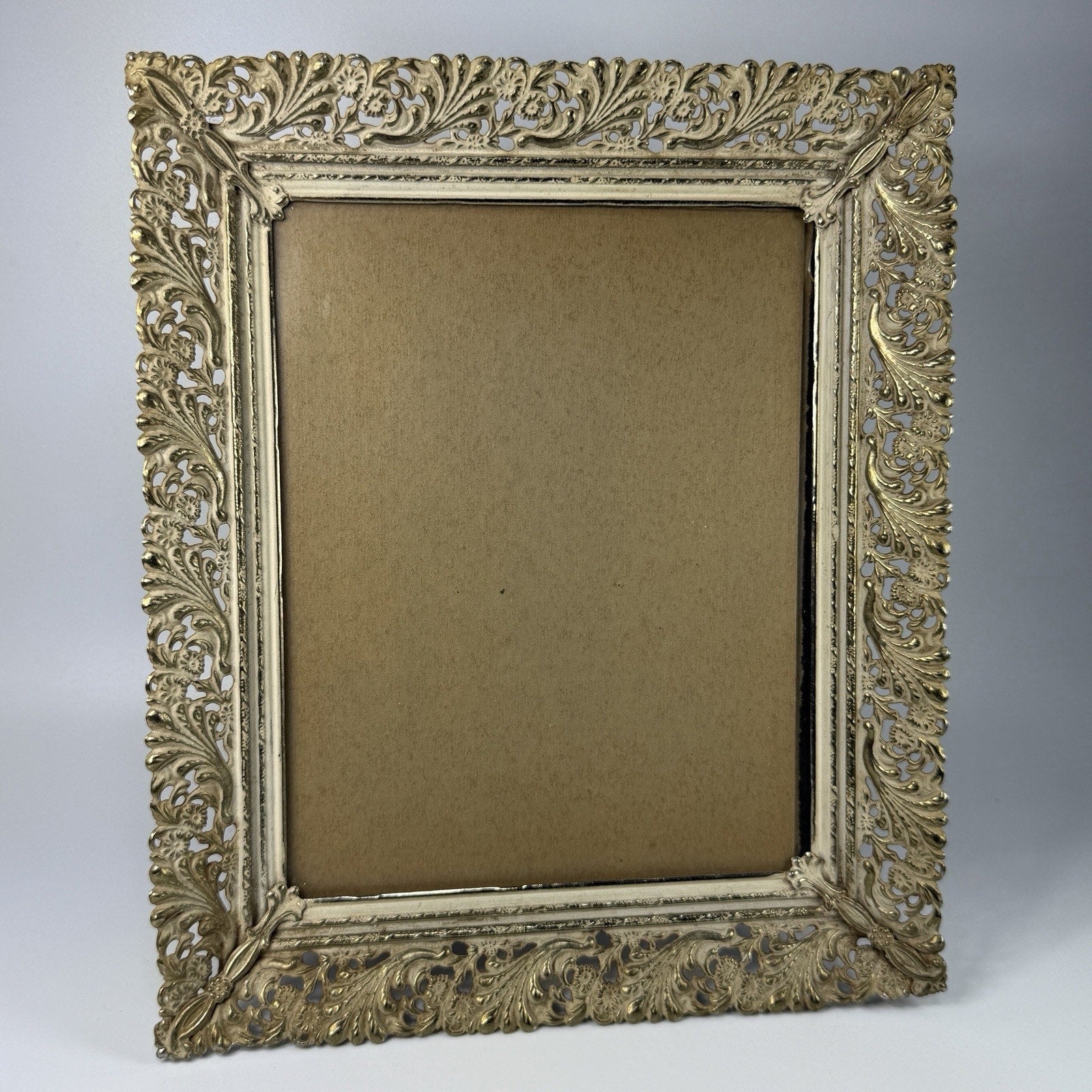 Vintage Gold White Ornate Filigree Metal Photo Frame 8x10" Easel Hollywood