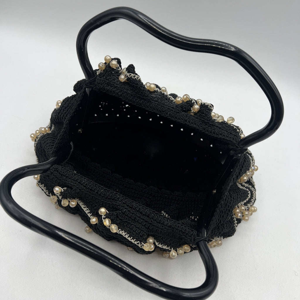 Vintage Hand Crocheted Beaded Purse 9" Lucite Handle Black Silver Hard Bottom
