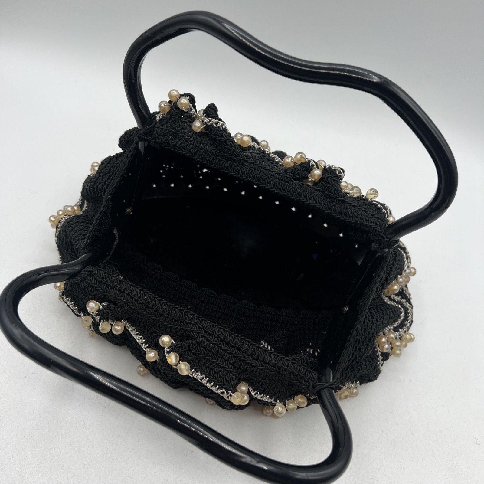 Vintage Hand Crocheted Beaded Purse 9" Lucite Handle Black Silver Hard Bottom