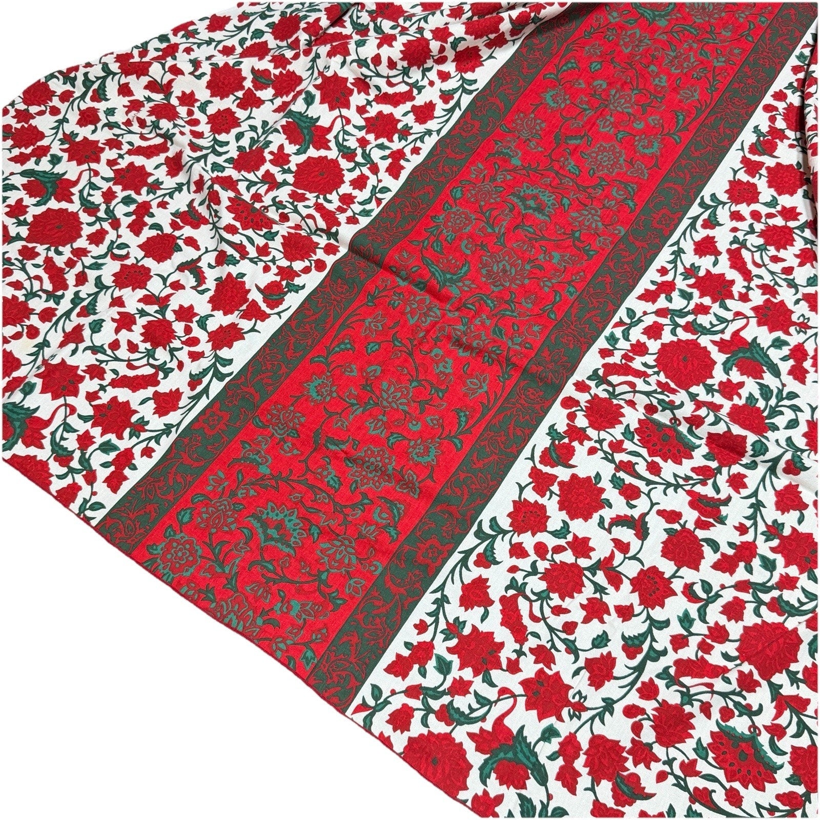 Vintage Vera Neumann Red Green Christmas Floral Linen Tablecloth 70s 64x84"