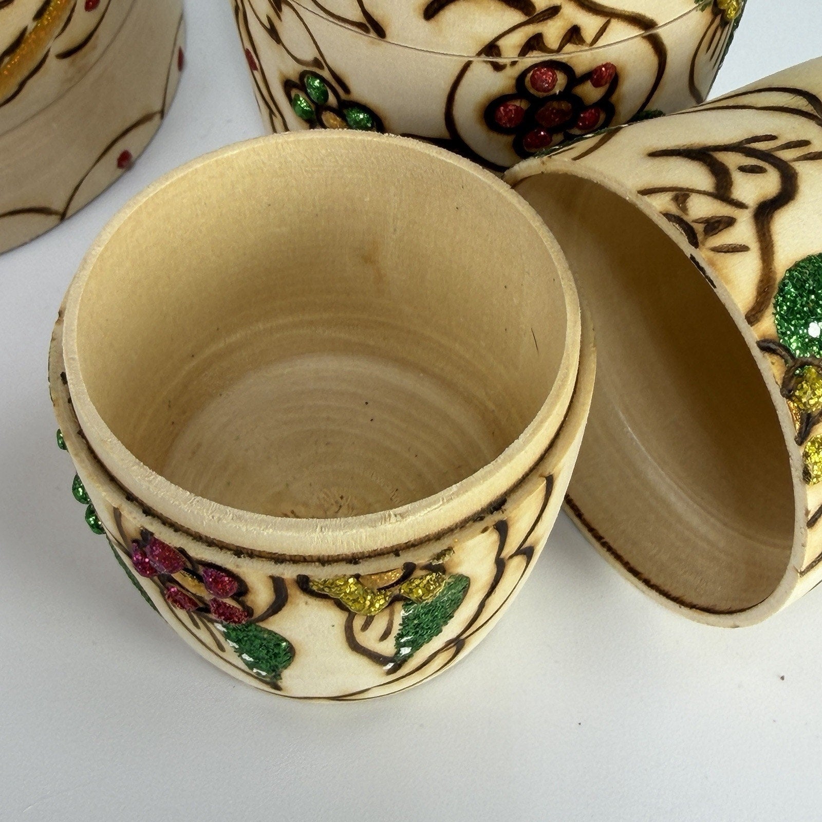 9 Pc Russian Nesting Doll Natural Wood Gold White Flowers Burned Painted 8.5"