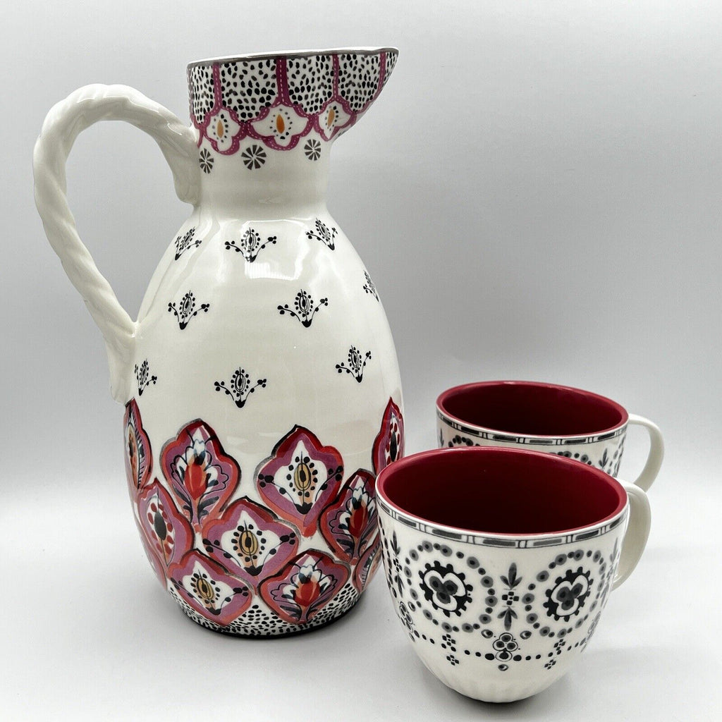 Anthropologie Revella Pitcher & Mugs Set Pink Blue Boho Feathers Ikat