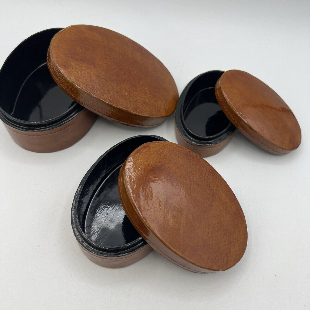 Set 3 Brown Oval Lacquer Nesting Trinket Boxes 5.25" Box Works Handmade