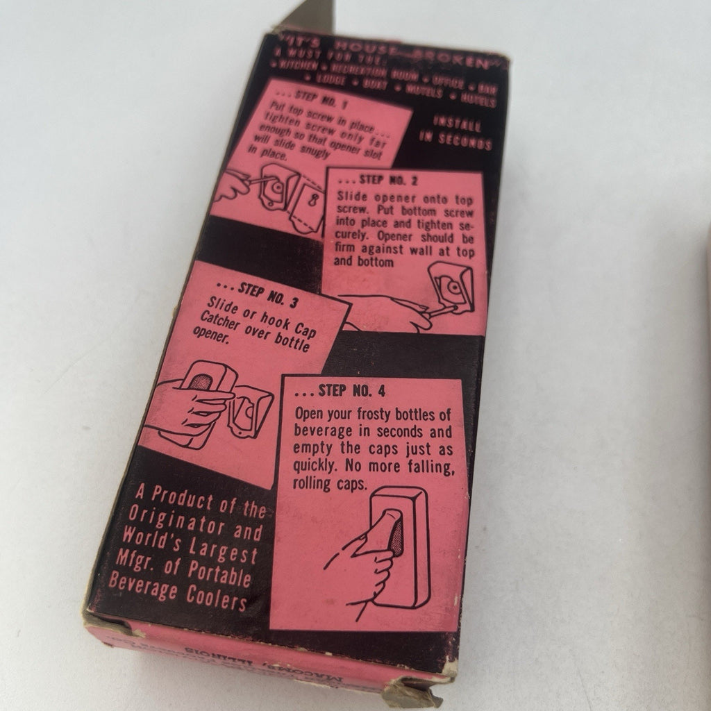 Vintage RARE PINK Akbilt Metal Wall Mount Bottle Opener & Cap Catcher Retro 50s