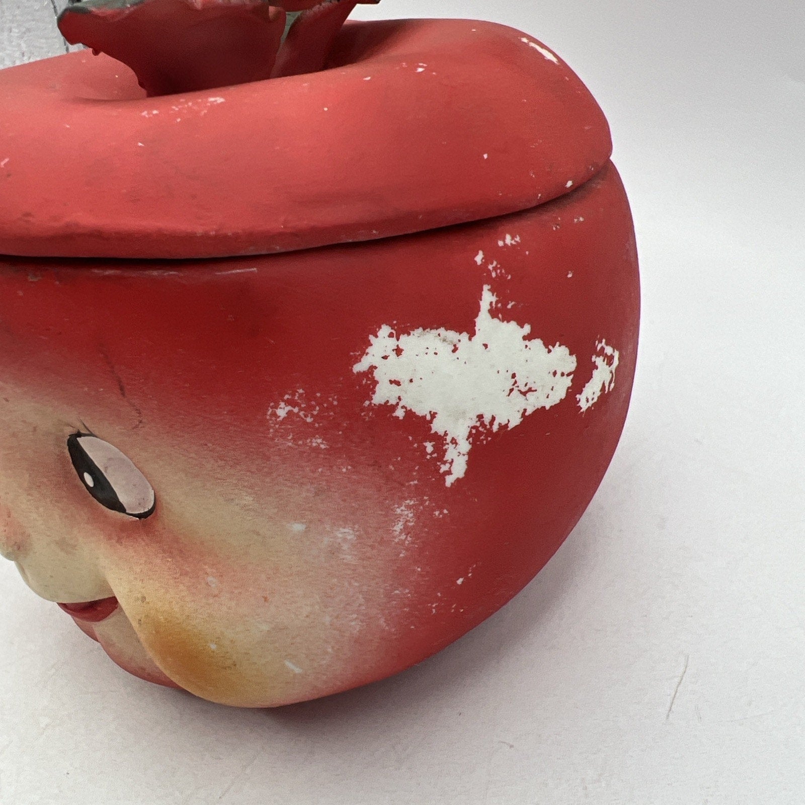 Vintage Anthropomorphic Red Apple Jar Stem Lid Covered Dish Bone China Matte 5"