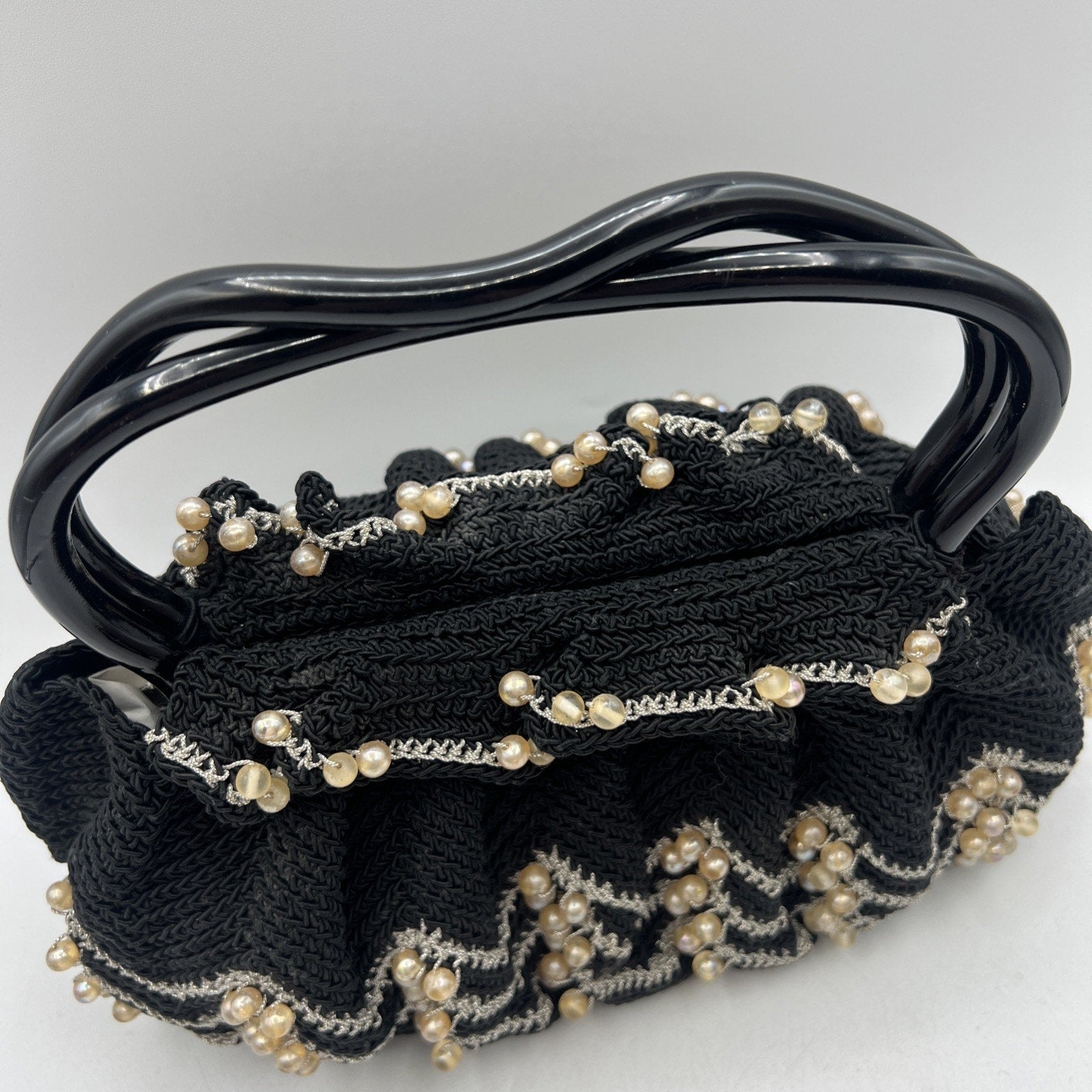 Vintage Hand Crocheted Beaded Purse 9" Lucite Handle Black Silver Hard Bottom