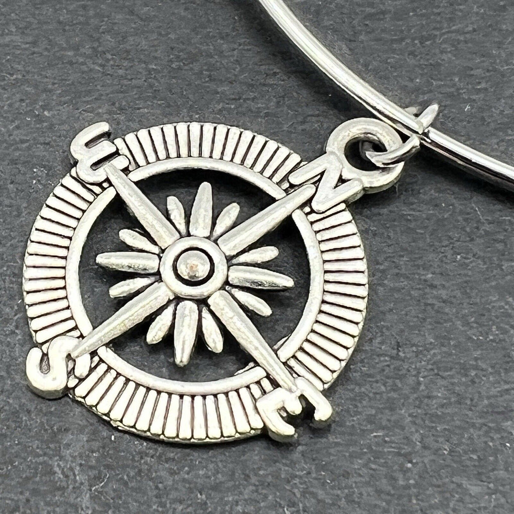 Silver Tone Bangle Bracelet Compass Direction Goals Travel Adjustable One Size