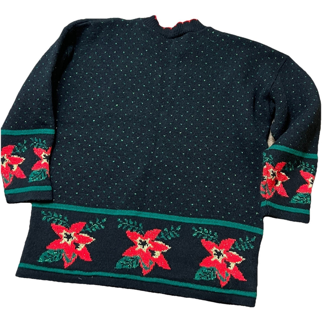 Vtg Ugly Christmas Sweater Womens Medium Black Red Poinsettia Dana Scott 80s