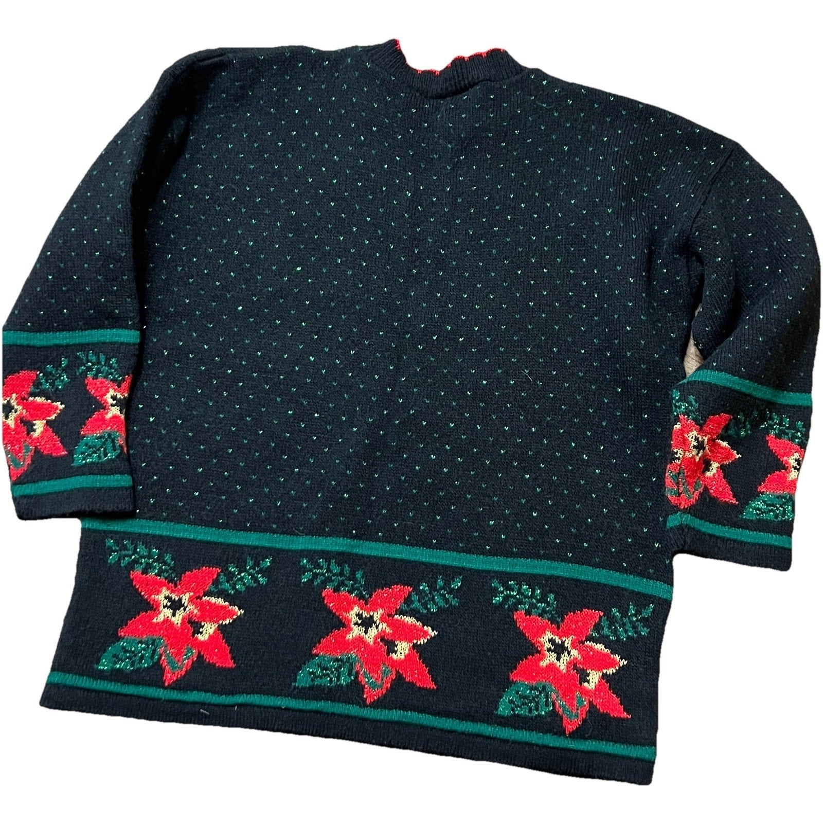 Vtg Ugly Christmas Sweater Womens Medium Black Red Poinsettia Dana Scott 80s