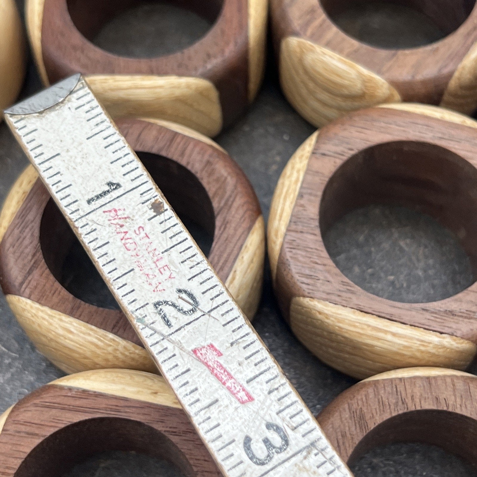 Set 12 Lathe Turned Two Tone Wood Napkin Rings Teak Boho Natural Handmade w/ Box