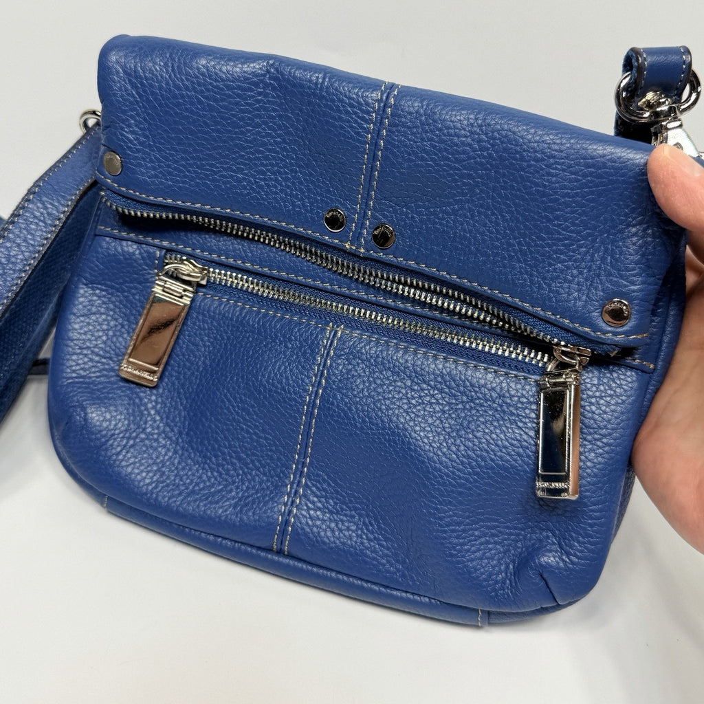 Tignanello Blue Leather Foldover Crossbody Purse Bag Pebbled Leather 9"