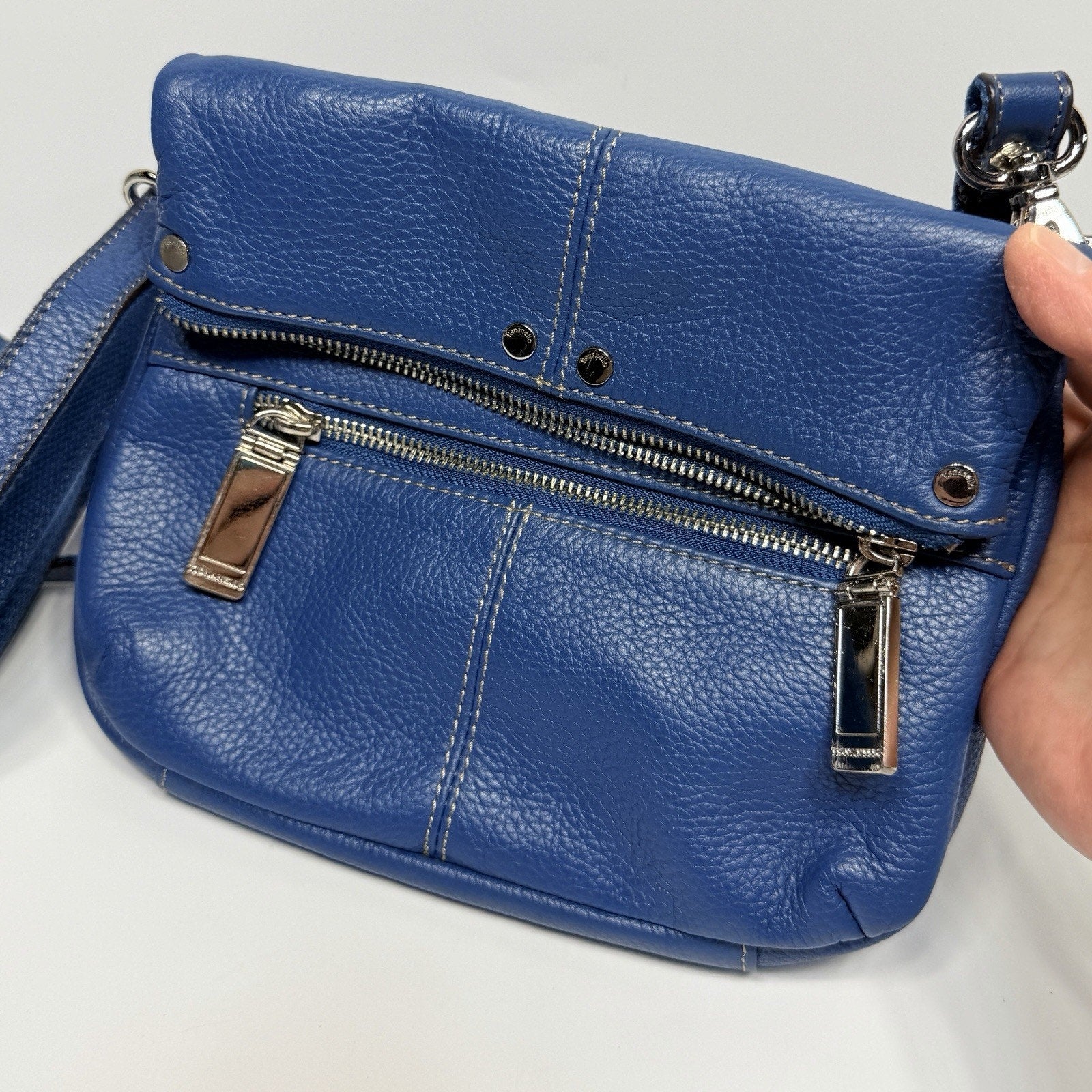 Tignanello Blue Leather Foldover Crossbody Purse Bag Pebbled Leather 9"