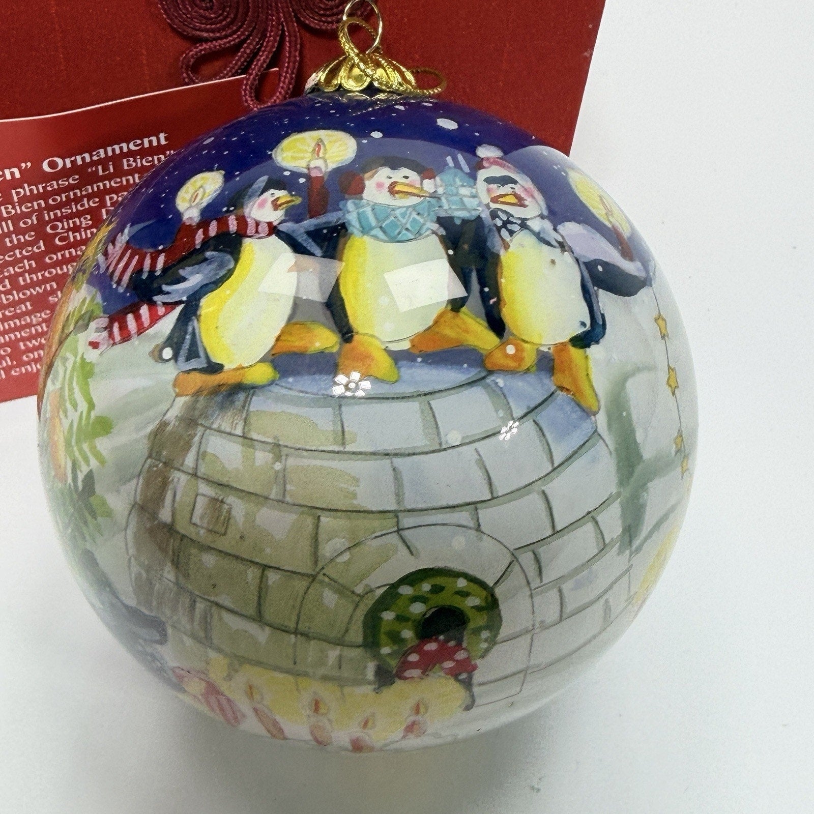 Pier 1 Li Bien Penguins Merry Bright Glass Christmas Ornament 4" Box 2010