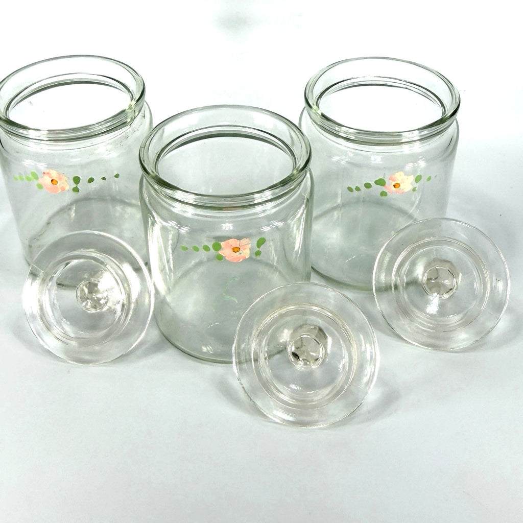 Set 3 Vintage Glass Apothecary Storage Jars 5" Painted Pink Flowers Cottage