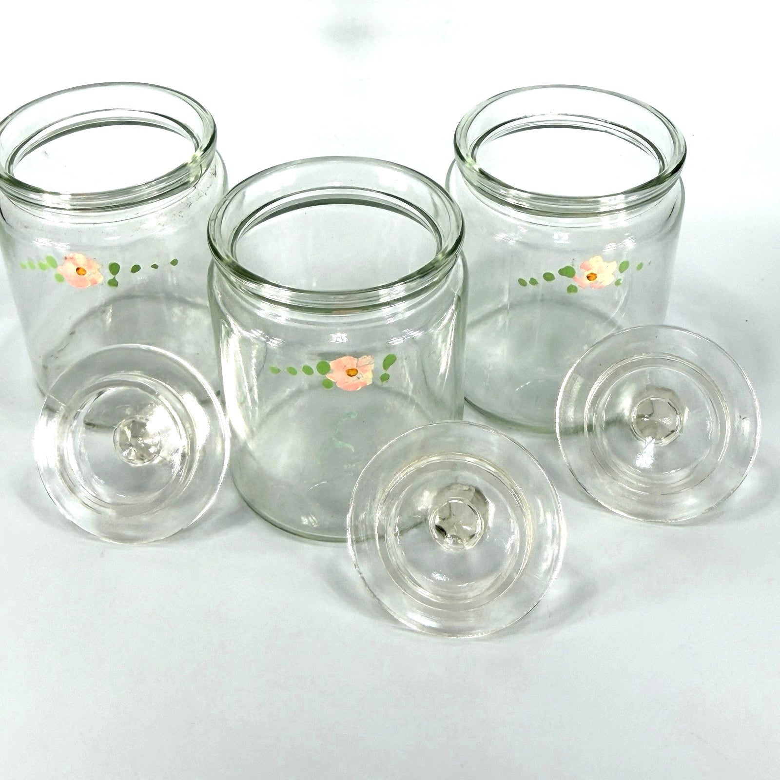 Set 3 Vintage Glass Apothecary Storage Jars 5" Painted Pink Flowers Cottage