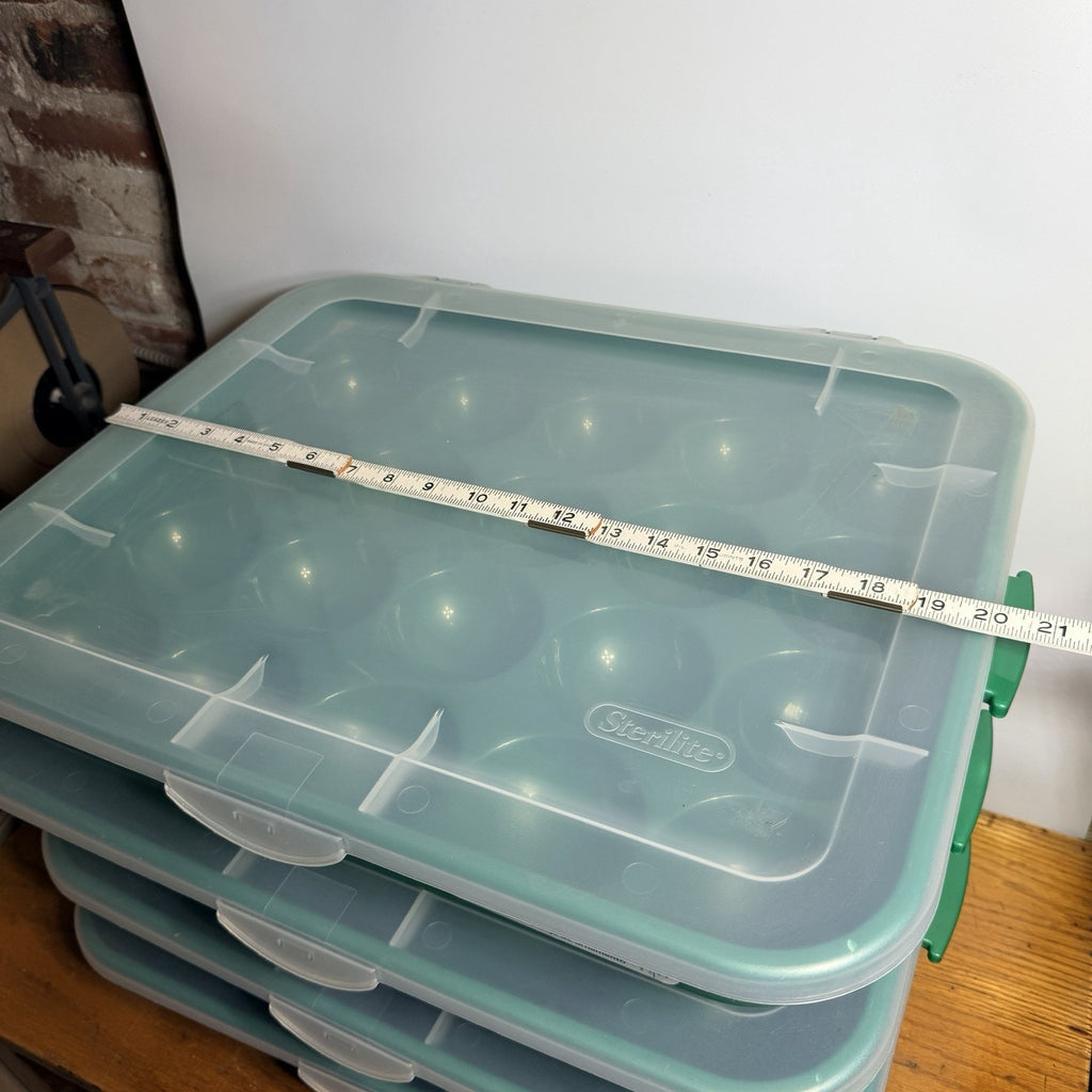 2 Green Sterilite Ornament Storage Box Case 20 Piece Hinged Lid Snap Closure 20"