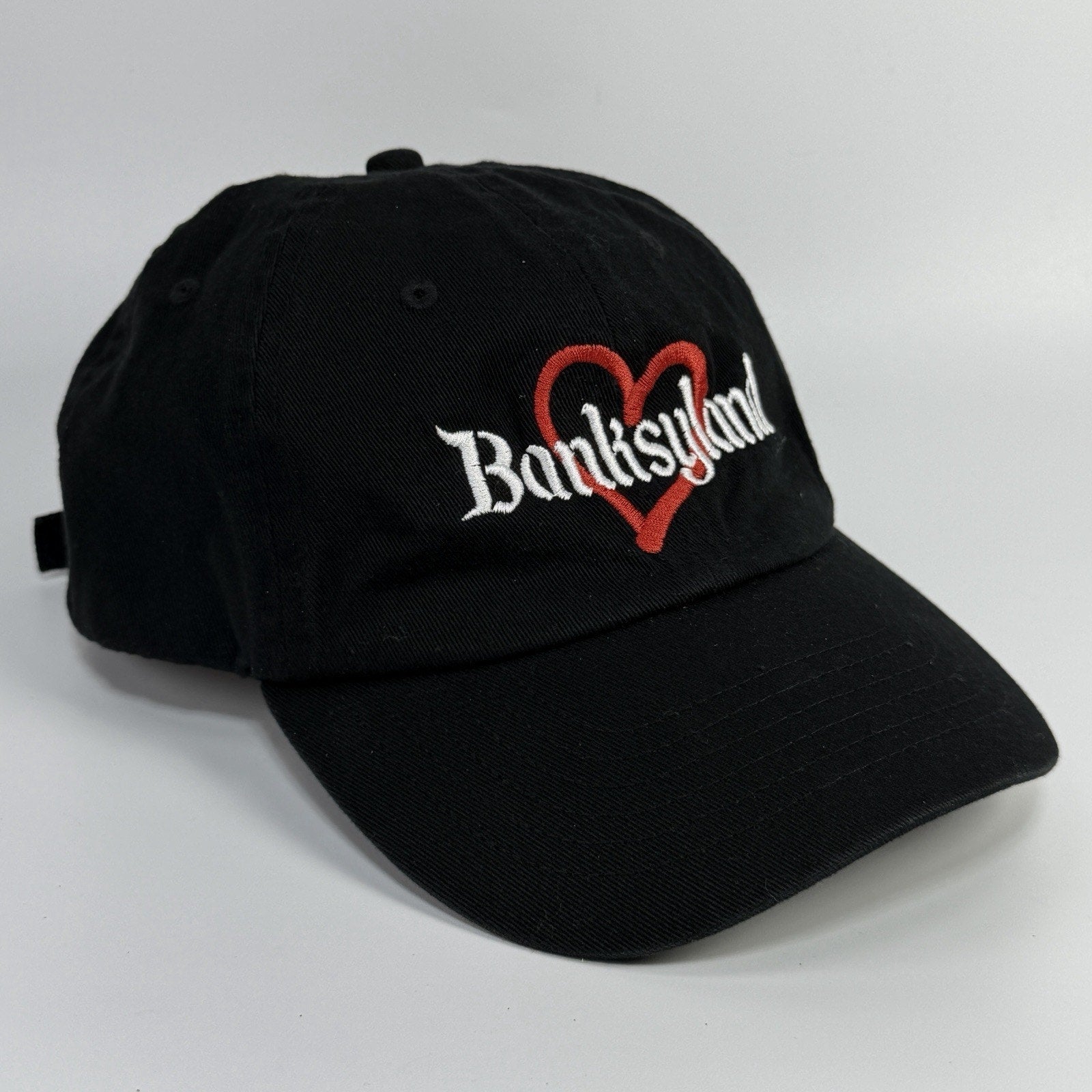 Black Banksyland Adjustable Hat Cap Embroidered Cotton Red Heart Banksy