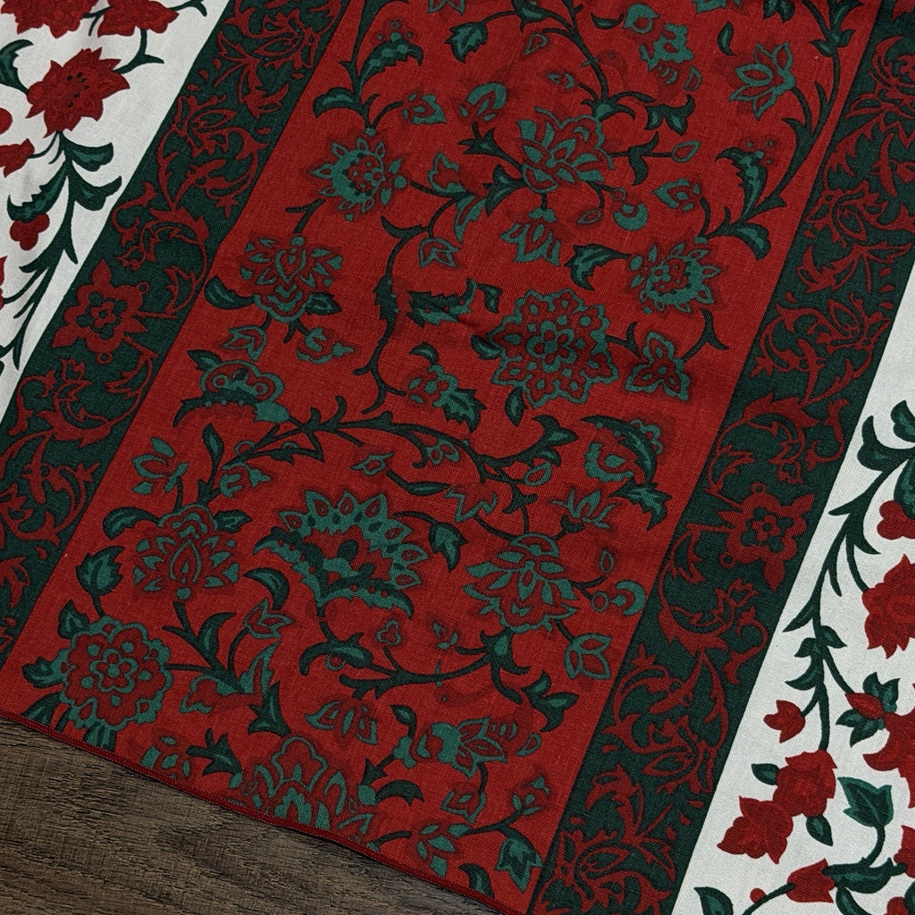 Vintage Vera Neumann Red Green Christmas Floral Linen Tablecloth 70s 64x84"
