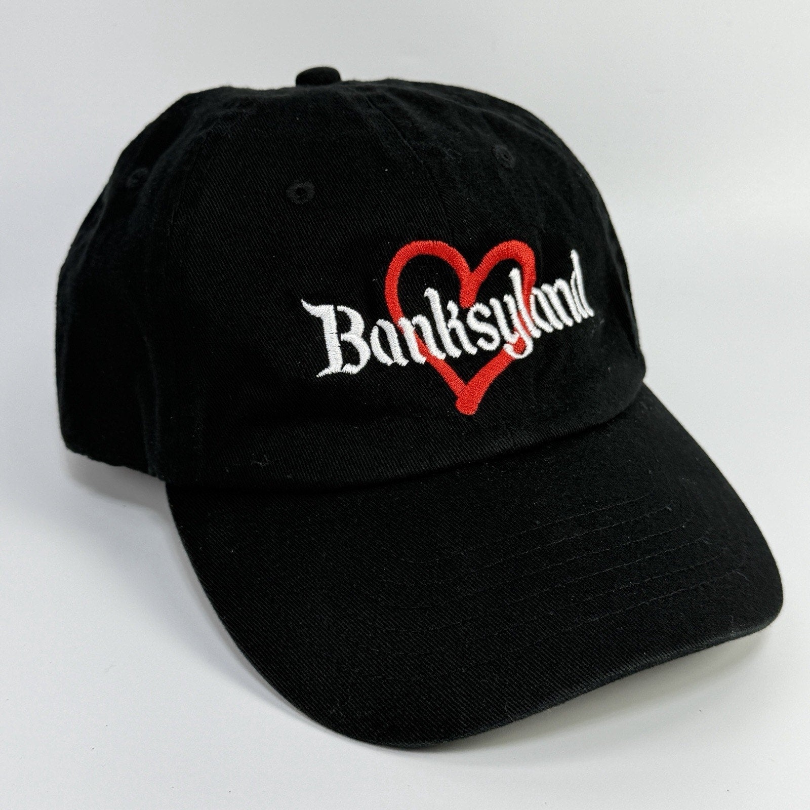 Black Banksyland Adjustable Hat Cap Embroidered Cotton Red Heart Banksy