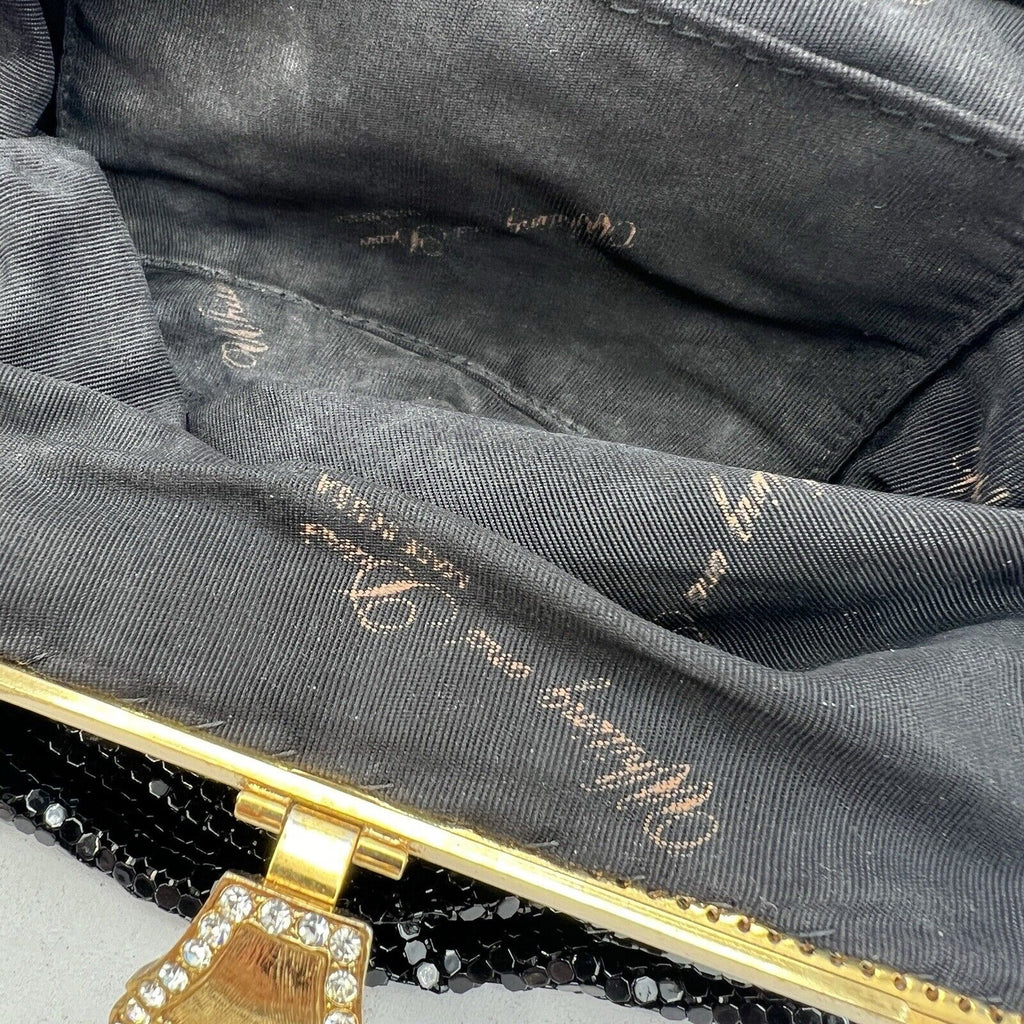 Whiting Davis Black Mesh Purse Gold Rhinestone Clasp Vintage Evening Cocktail 7"
