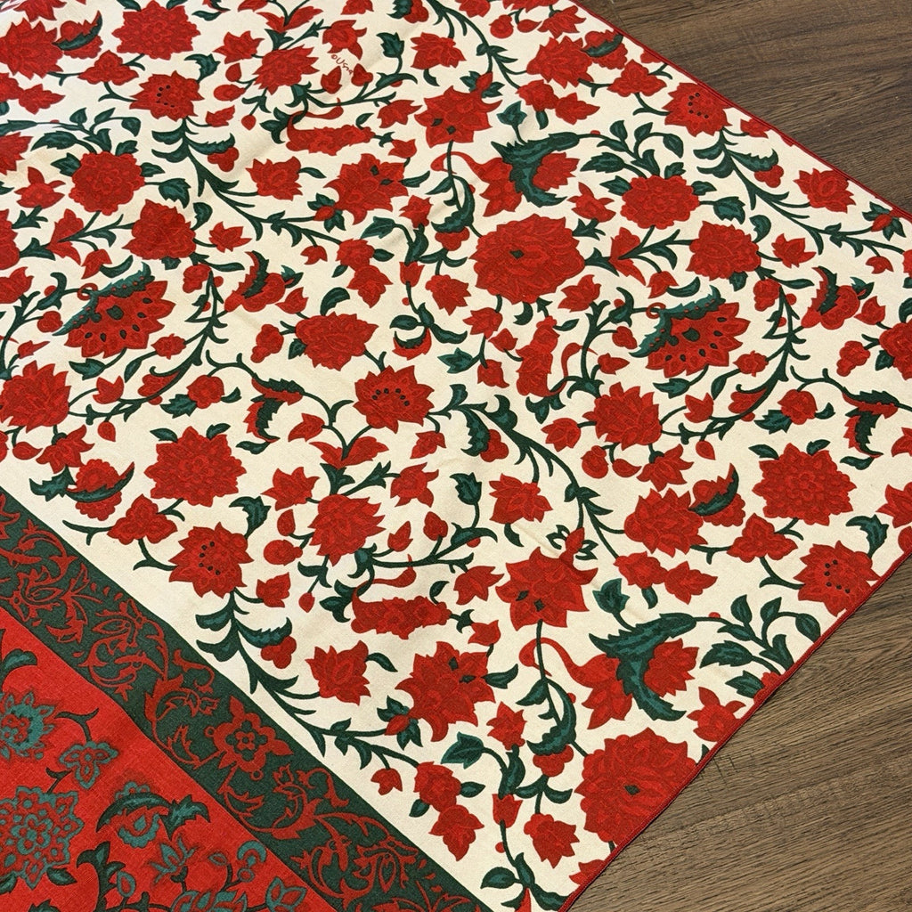 Vintage Vera Neumann Red Green Christmas Floral Linen Tablecloth 70s 64x84"