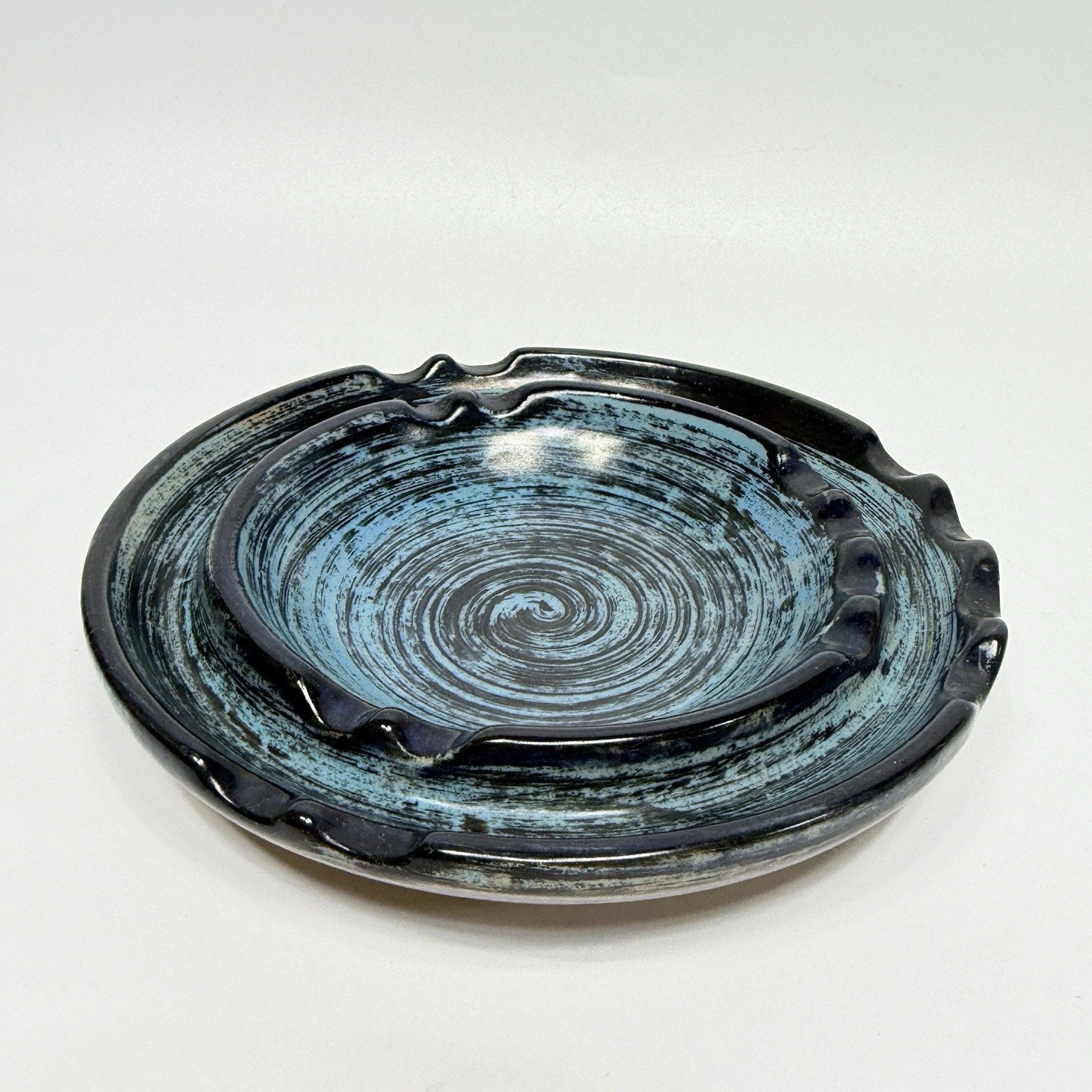 Vtg Stangl Pottery Blue Pompeii Ashtray Striped Navy Turquoise 5232 MCM 6.5" USA