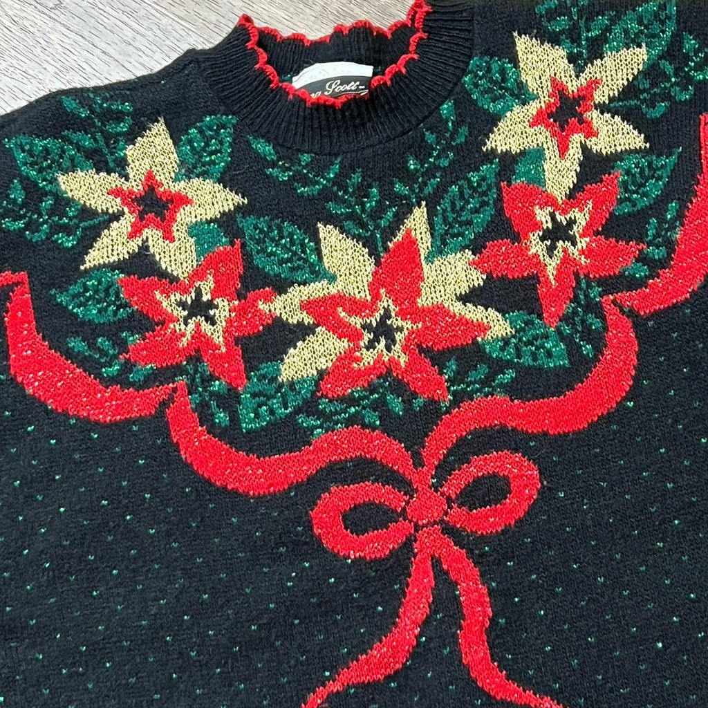 Vtg Ugly Christmas Sweater Womens Medium Black Red Poinsettia Dana Scott 80s