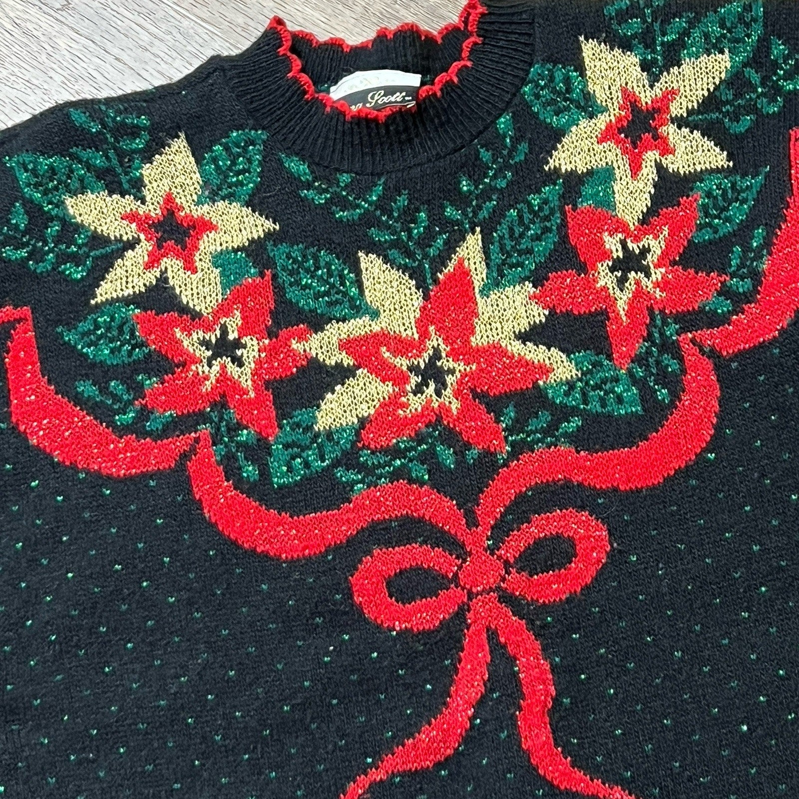 Vtg Ugly Christmas Sweater Womens Medium Black Red Poinsettia Dana Scott 80s