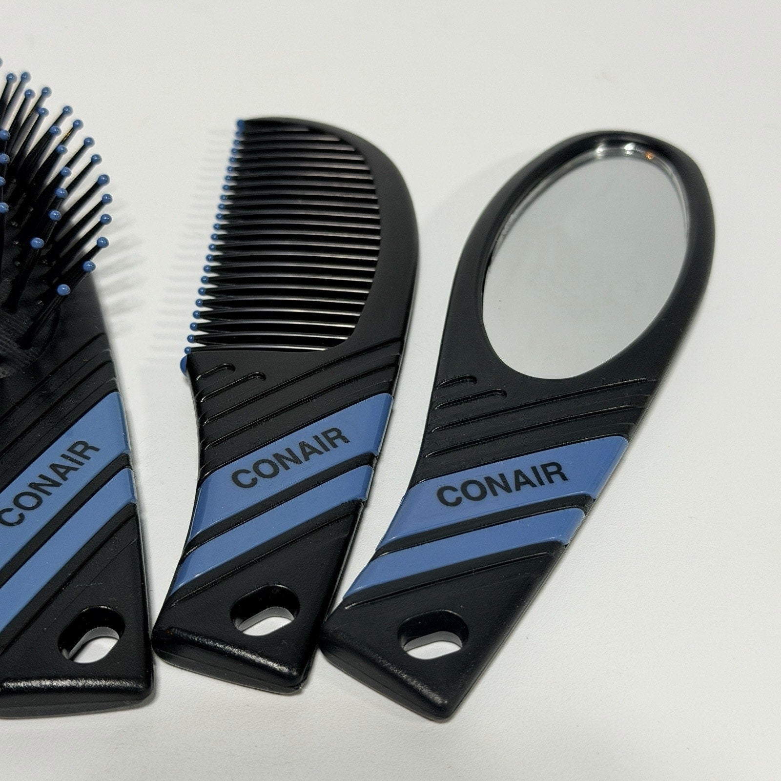 3 Pc Vtg CONAIR Quality Hair Brush Comb Travel Set Black Blue Stripe