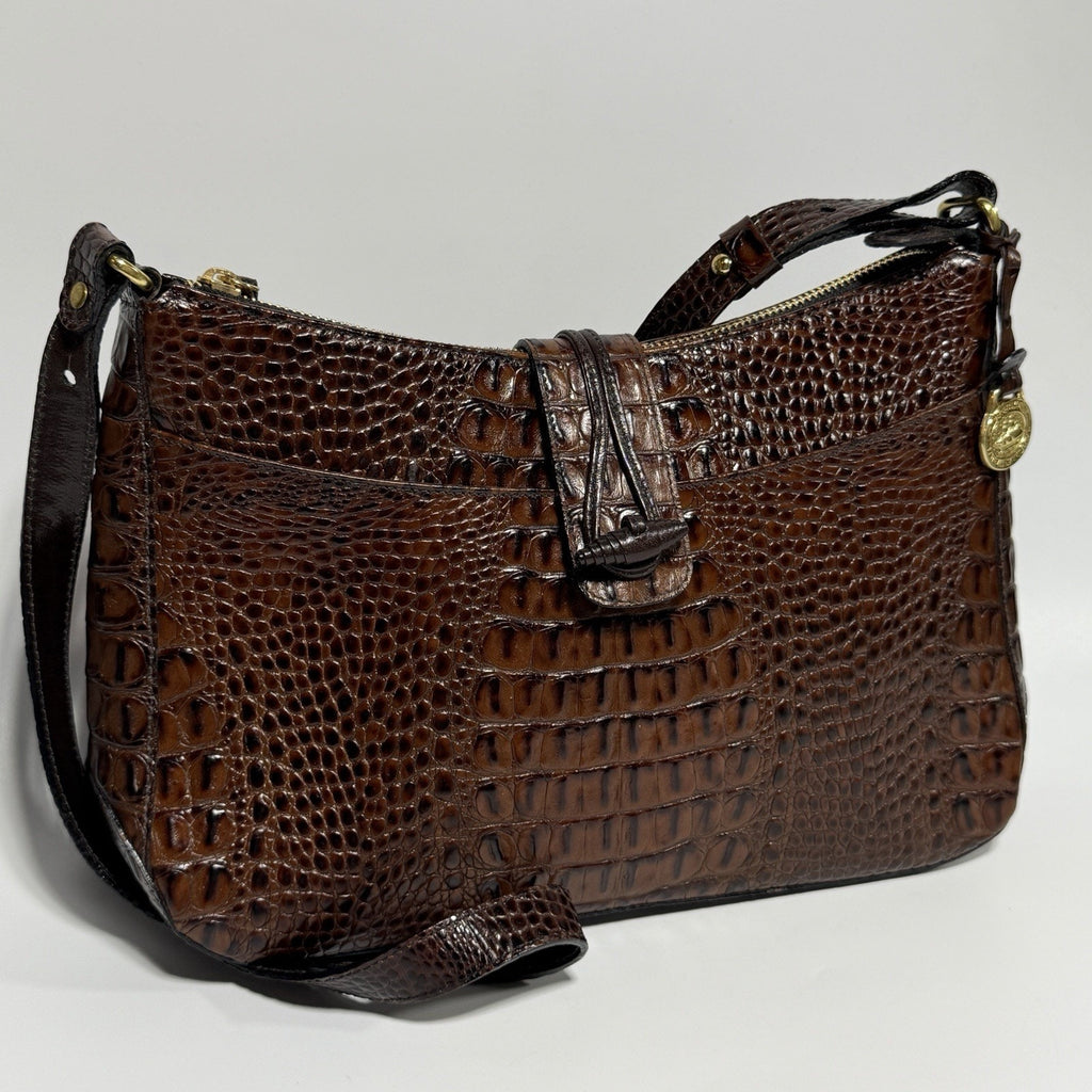 Brahmin Isabelle Brown Pecan Croc Embossed Leather Purse Crossbody 11"
