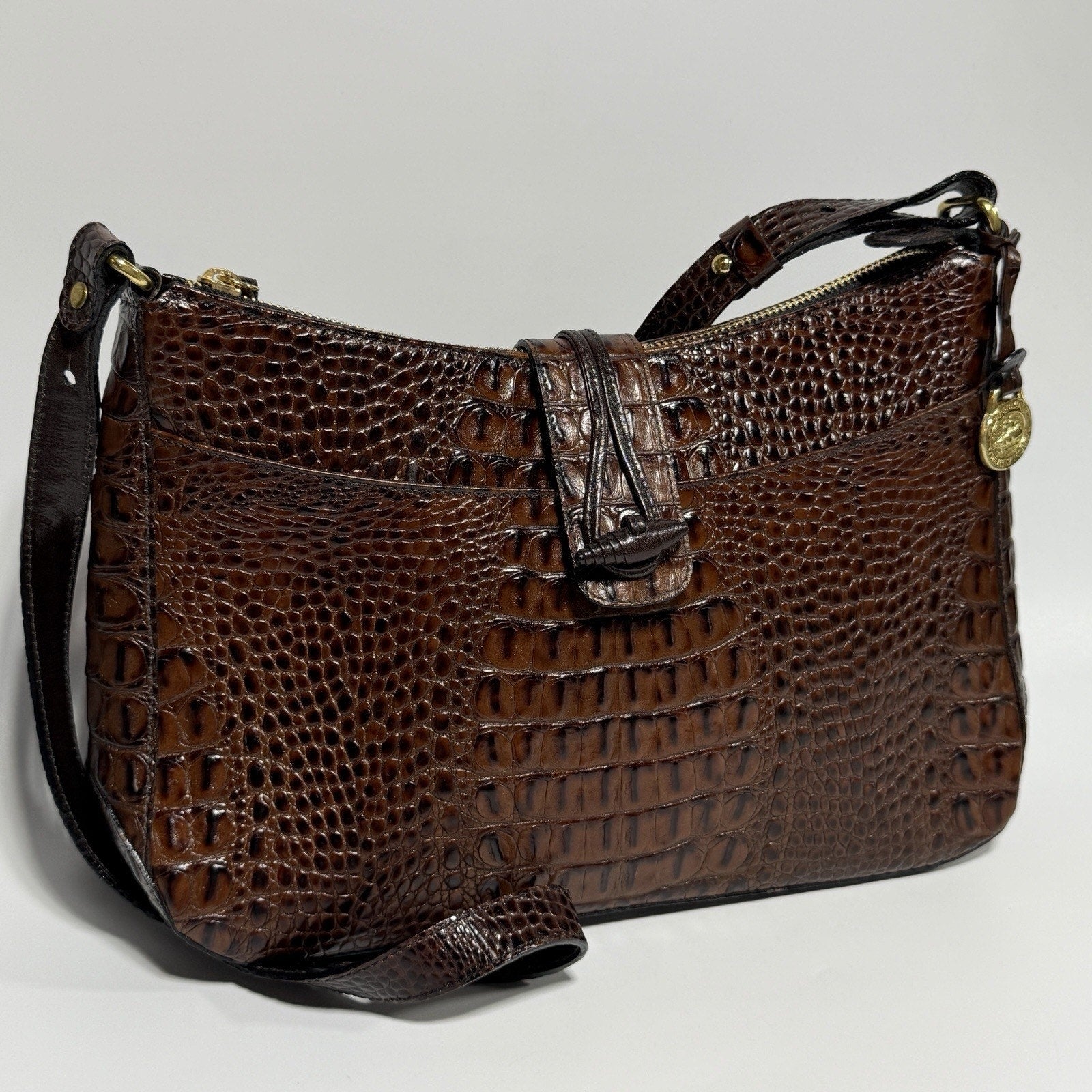 Brahmin Isabelle Brown Pecan Croc Embossed Leather Purse Crossbody 11"