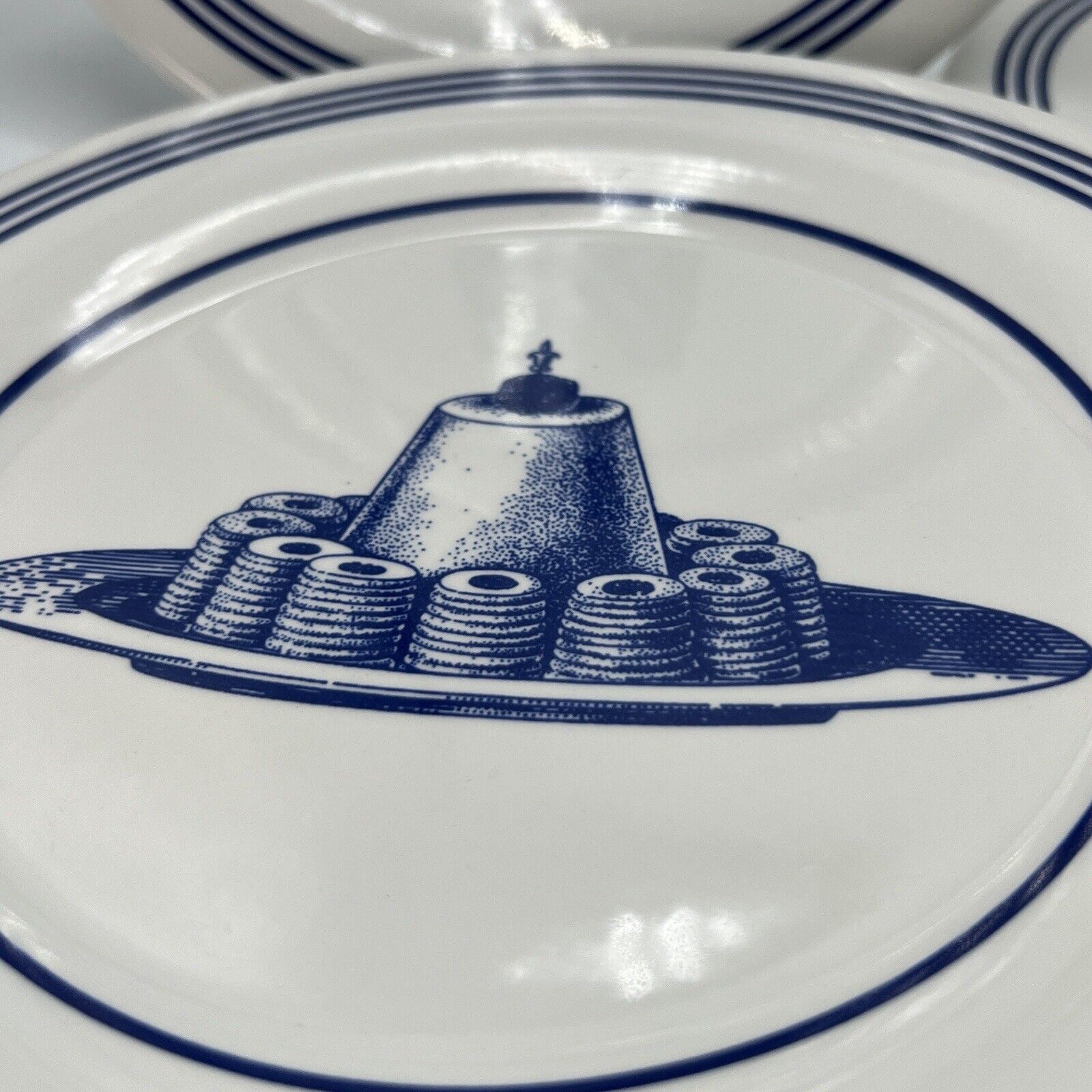 Set 8 Williams Sonoma Carime 9” Dessert Cake Plates Blue White Stripe England
