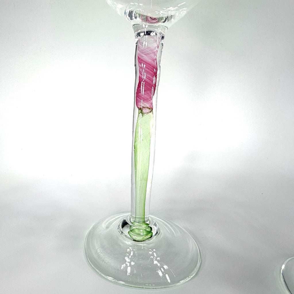 Set 2 Chris Baker Salmon Art Glass Wine Glass Pink Blue Swirl Signed 8.5"