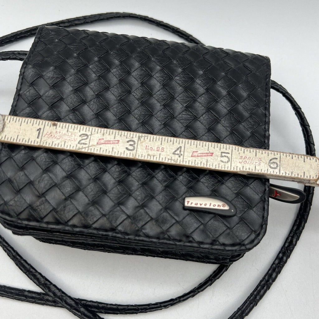Small Black Travelon Black Woven Convertible Crossbody Belt Bag Fanny Purse 6"
