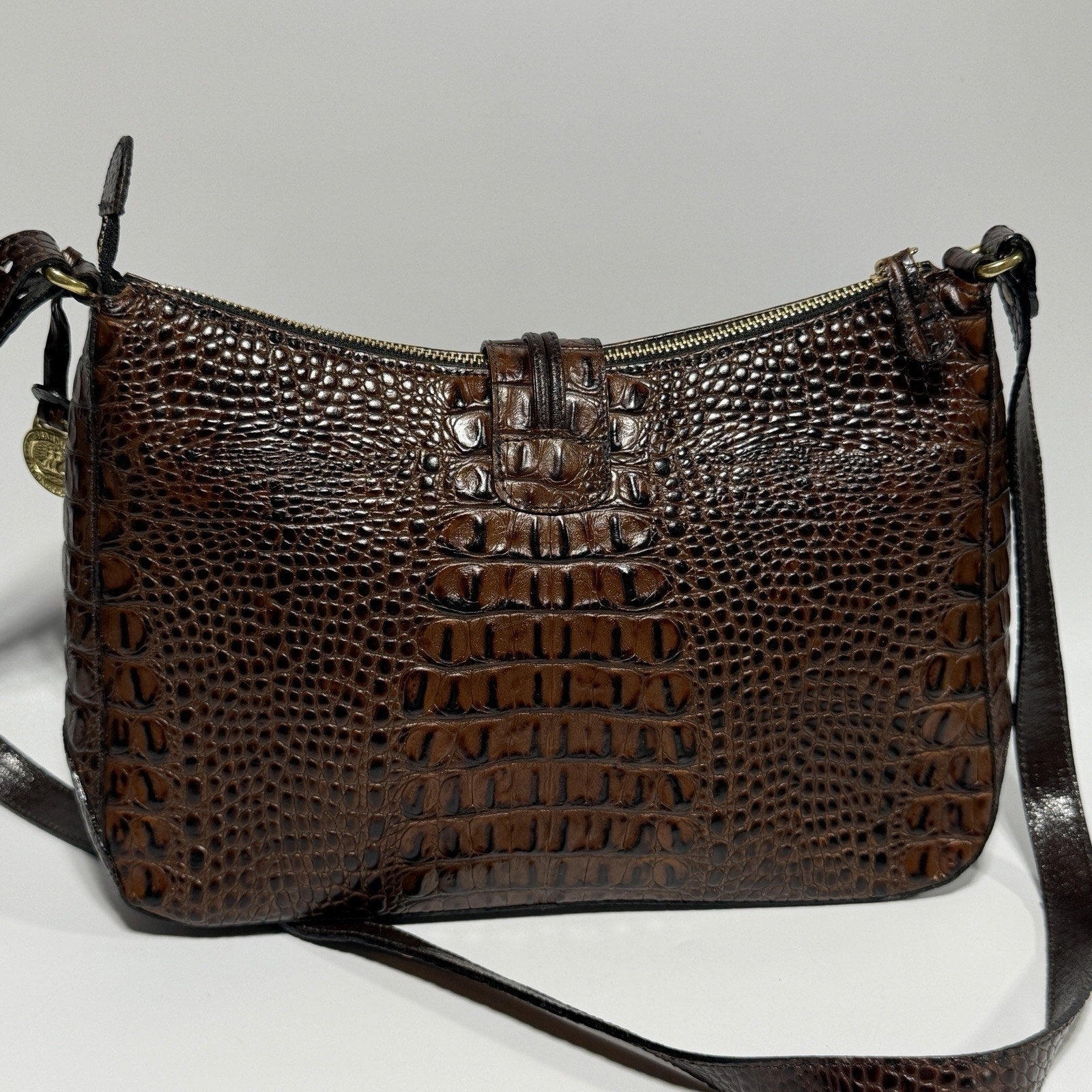 Brahmin Isabelle Brown Pecan Croc Embossed Leather Purse Crossbody 11"
