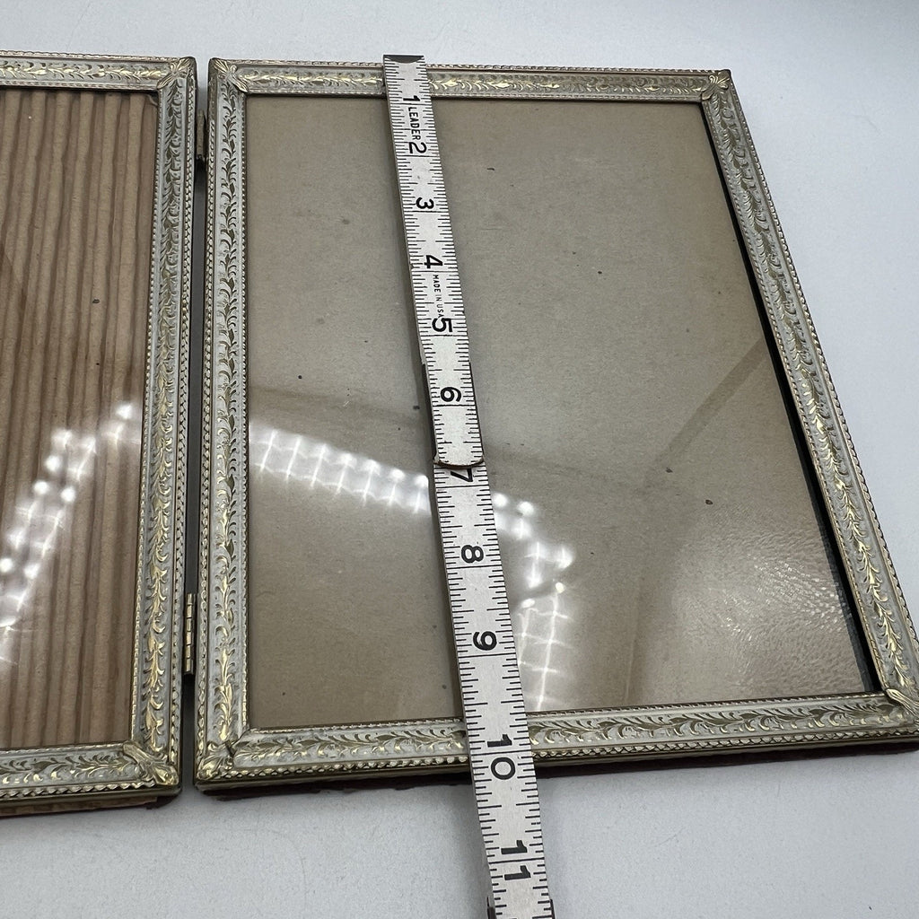 Vintage Etched Brass Double 8 X 10” Photo Picture Frame MCM Hollywood Gold White