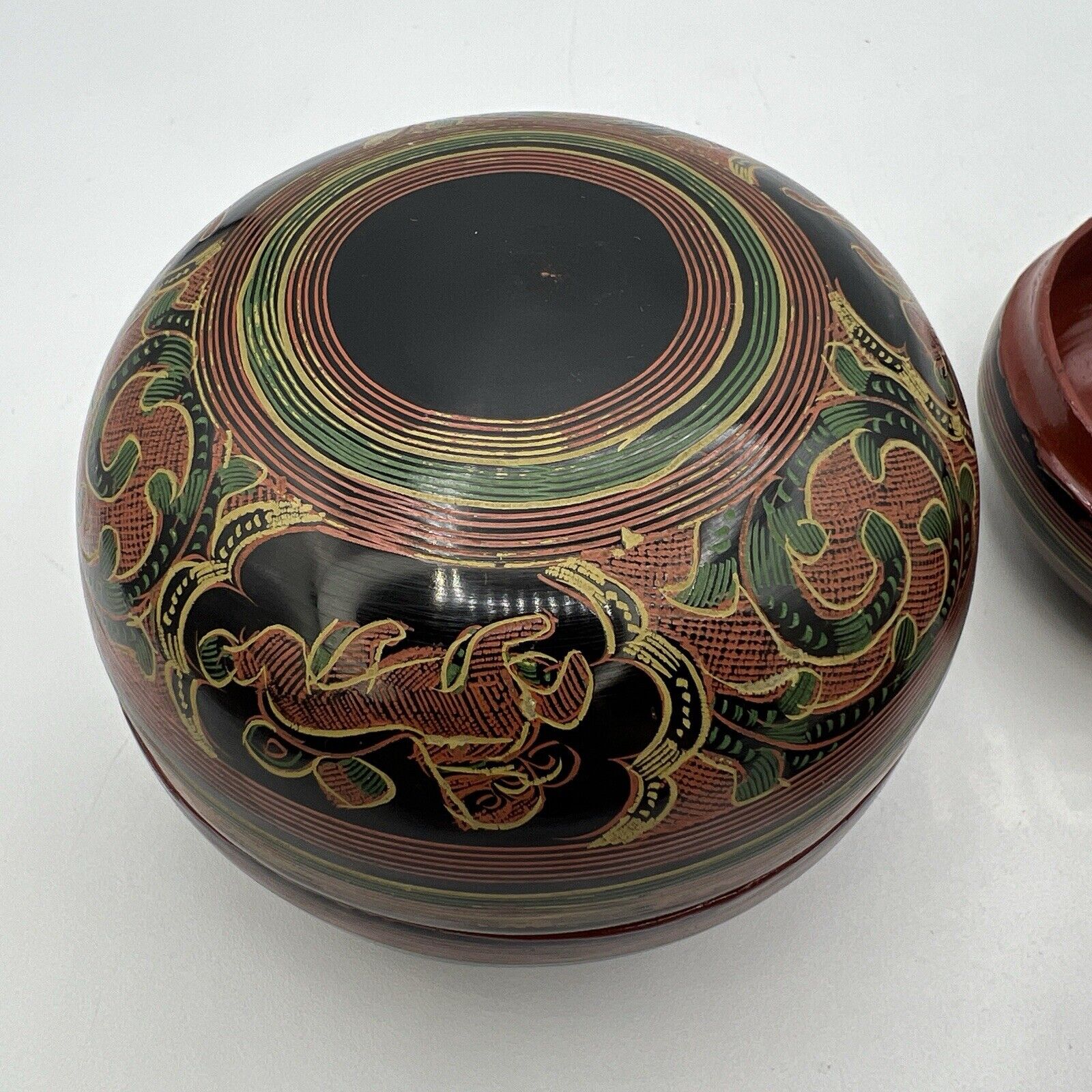 3 Vtg Round Burmese Laquer Nesting Boxes Black Red Green Firebird Hand Painted
