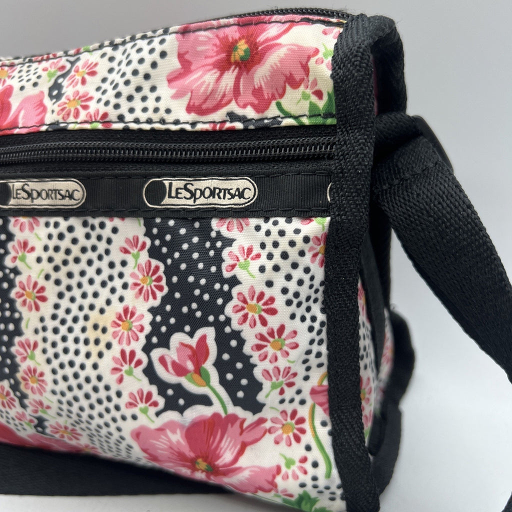 LeSportsac Pink Black Flowers Polka Dot Crossbody Purse 8.5" Nylon Travel USA