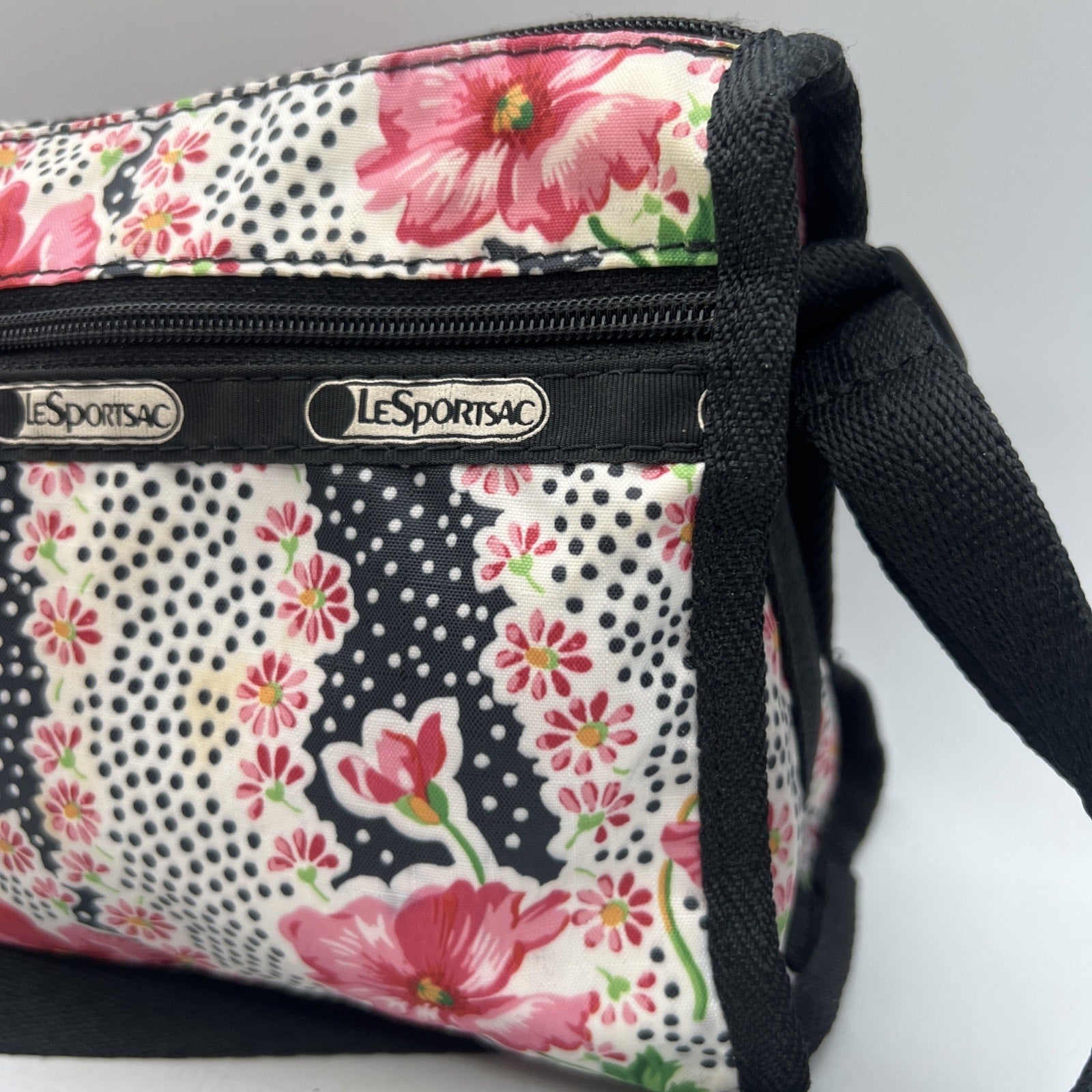 LeSportsac Pink Black Flowers Polka Dot Crossbody Purse 8.5" Nylon Travel USA