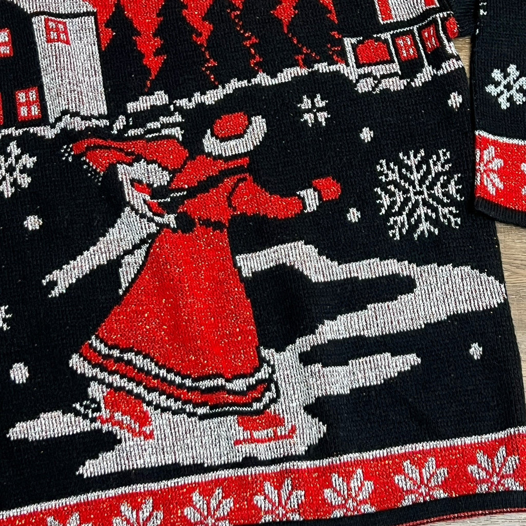 Vtg Large Metallic Ice Skaters Ugly Christmas Sweater 1980s Red Black Silver