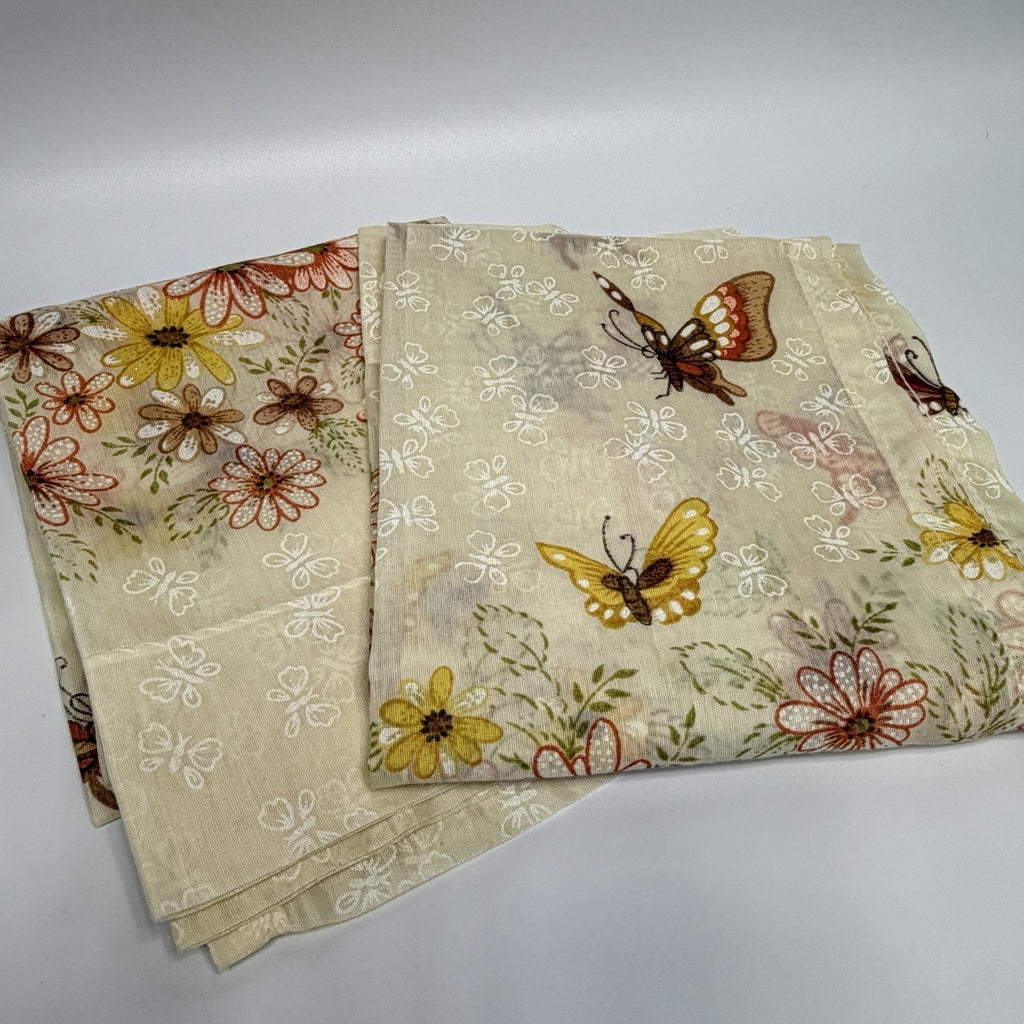 Set 2 Vtg1970s Flower Butterfly Sheer Cafe Curtains Nature Boho Brown Orange 36"