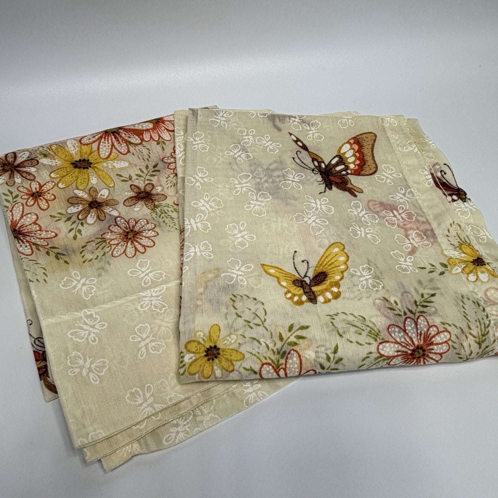 Set 2 Vtg1970s Flower Butterfly Sheer Cafe Curtains Nature Boho Brown Orange 36"