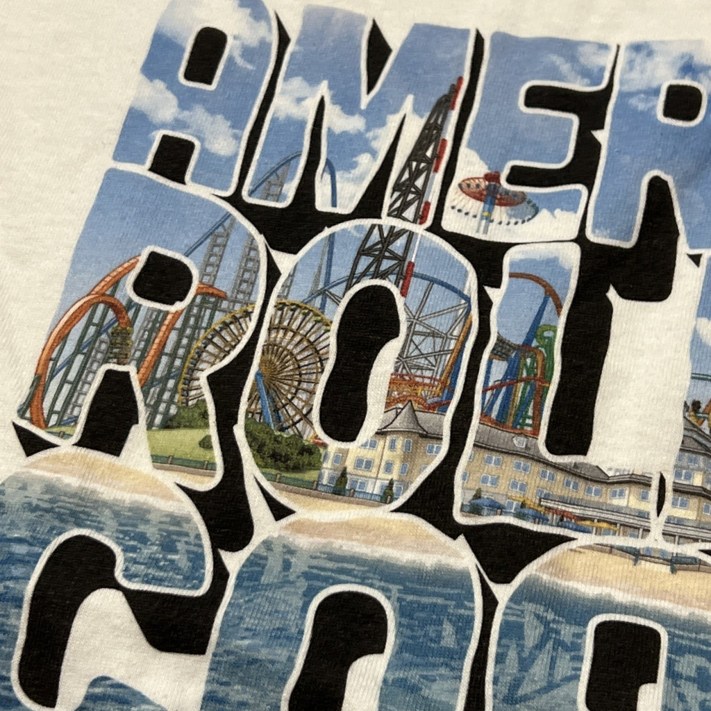 White Blue Vintage Postcard Cedar Point Roller Coast T-Shirt Large Cotton NEW